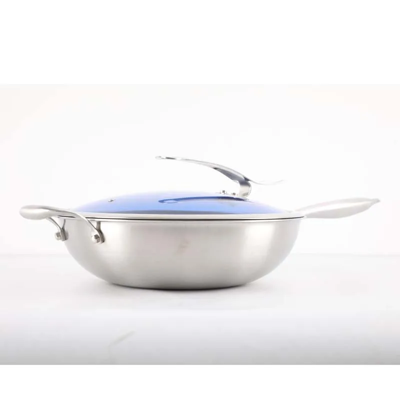 Factory price 34cm fry pan stainless steel chinese wok with lid