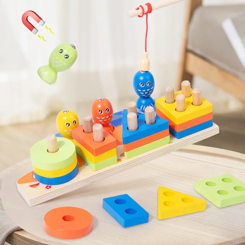Early educational shape matching toy kids column game board wooden stacking blocks magnetic fish game for children