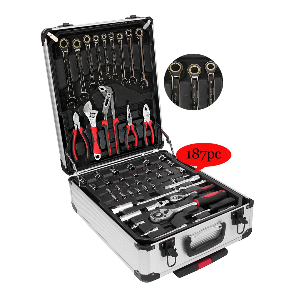 
New 187pcs/D3 Professional Automotive Hand Tools Set Tool Suitcase Aluminum Tool Trolley Used for car repair or household use 