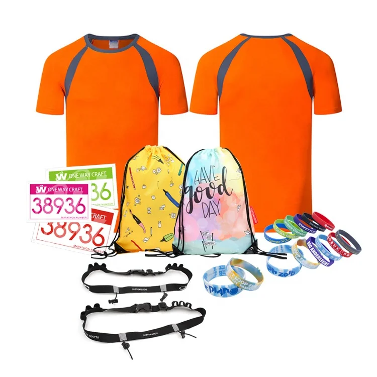 Custom gym bags backpack brand t-shirt rubber bracelets race number belt promotional gift set