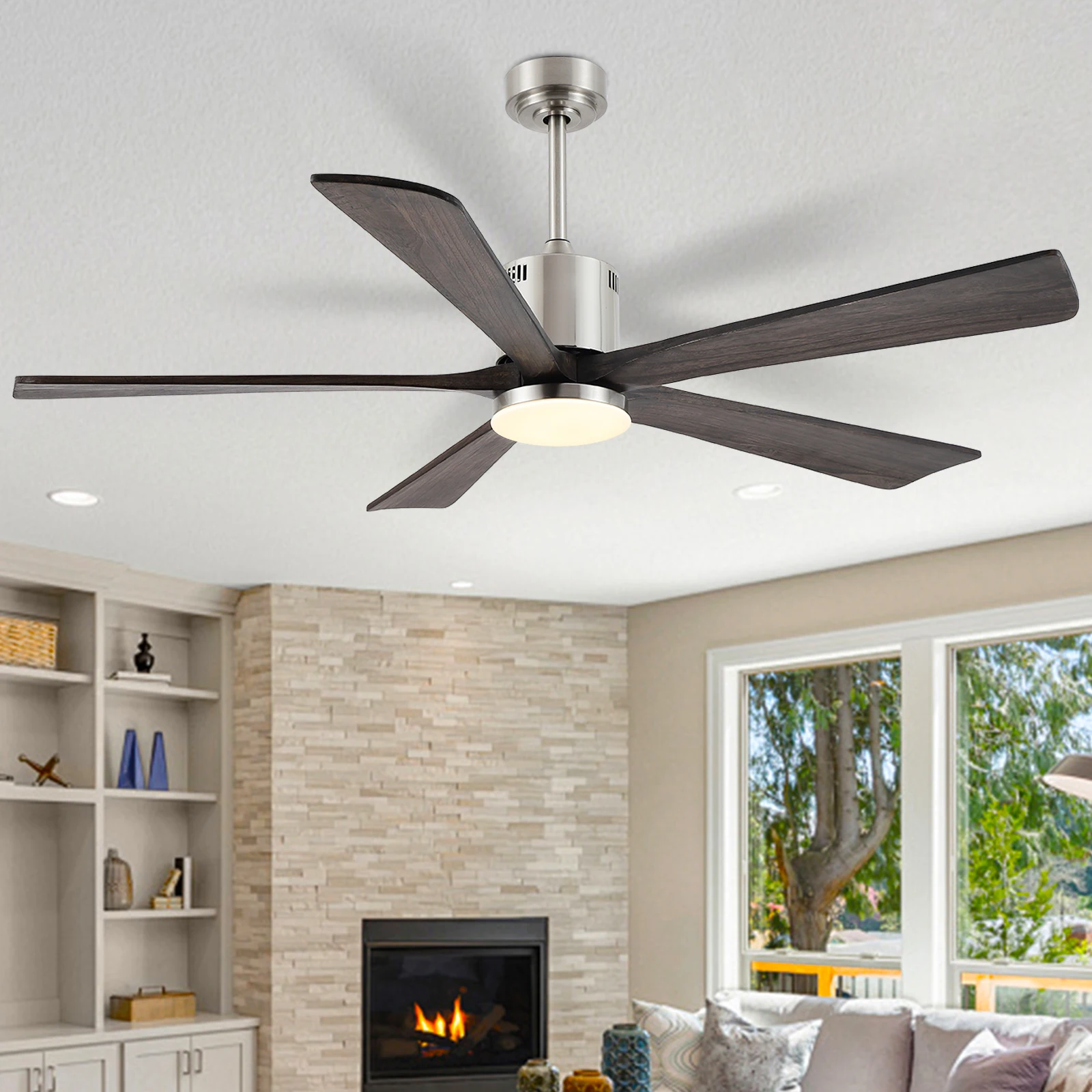 Factory Wholesale 5 Grey Wooden Blades Modern Inverter Dimmable Smart Ceiling Fan Dc Led Ceiling Fans With Light and Remote