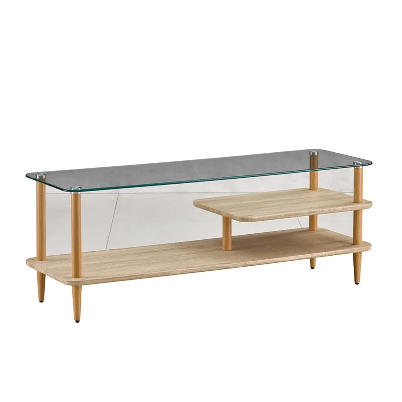 Современный дизайнерский журнальный столик со стеклянной столешницей и деревянной основой
