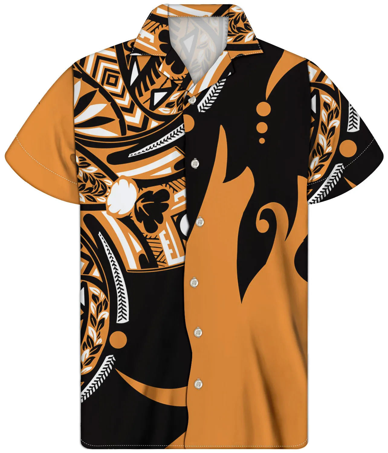 Men Fashion Summer Hot Sales Shirt Polynesian Tribal Tattoo Prints Shirt Stand Collar Casual Beach Button Short Sleeve Shirt