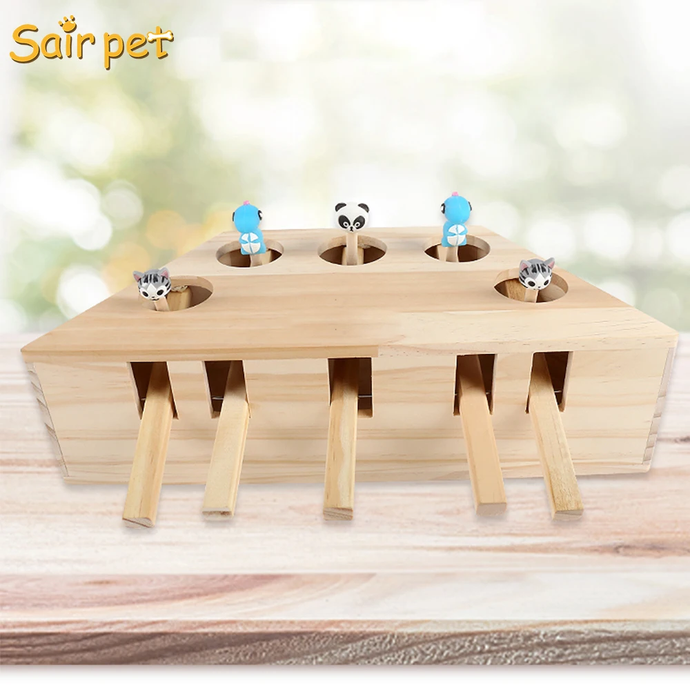 
Interactive Cat Hunt Mouse Toys for Indoor Cats, Creative Wooden Solid Whack a Mole Game Funny Kitten Puzzle Pets Toy, 3/5 Holes 