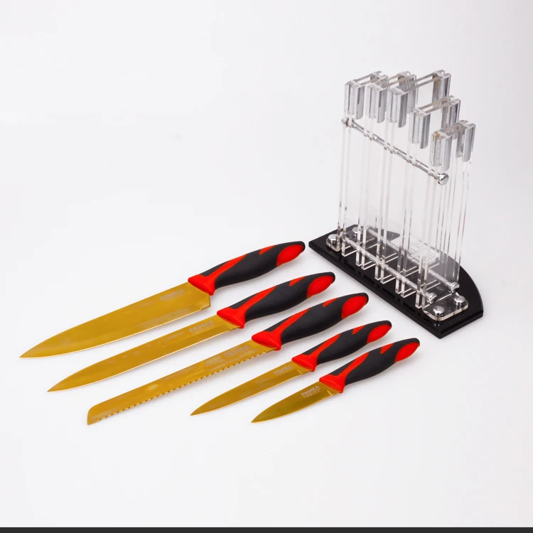 Gold Plated PP and TPR Soft Touch Handle 5pcs Cutlery Kitchen Knife Set Titanium Knife With Blister Card Packing