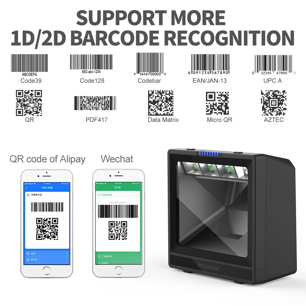 China 2D Cmos Usb/Rs232 0mni-Directional Wireless Or Scanner Auto Scan Desktop Barcode Scanner