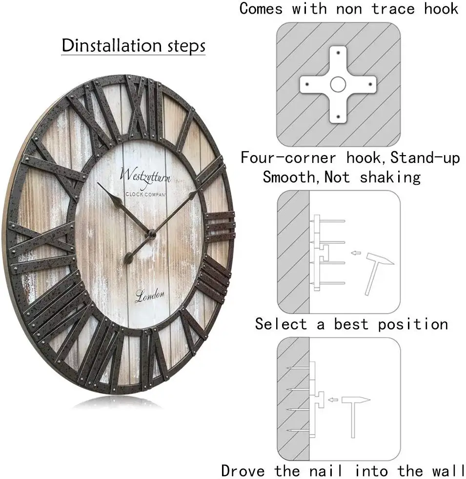 Wood Clock 18 inches Large Farmhouse Wooden Wall Clock Rustic Decorative Antique Battery Operated Non Ticking Round Big Clocks