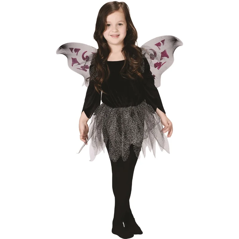 Halloween Party Kids-Fairy Black Costume Cosplay Performance Costume With Butterfly Wings For Girls