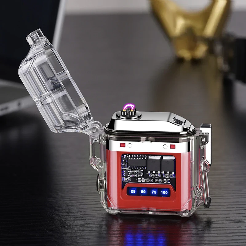 Outdoor waterproof with lighting arc lighter transparent shell power display charging cigarette lighter