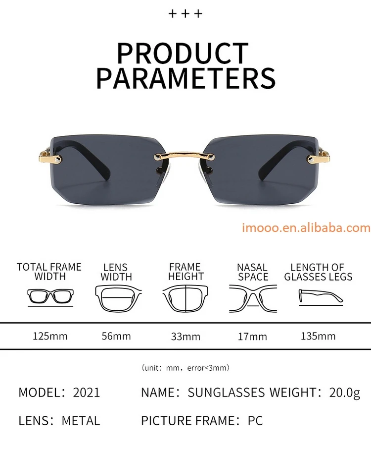 Factory Price Rimless Sunglasses UV Protection Rectangle Fashion Popular Women Men Shades Small Square Sun Glasses