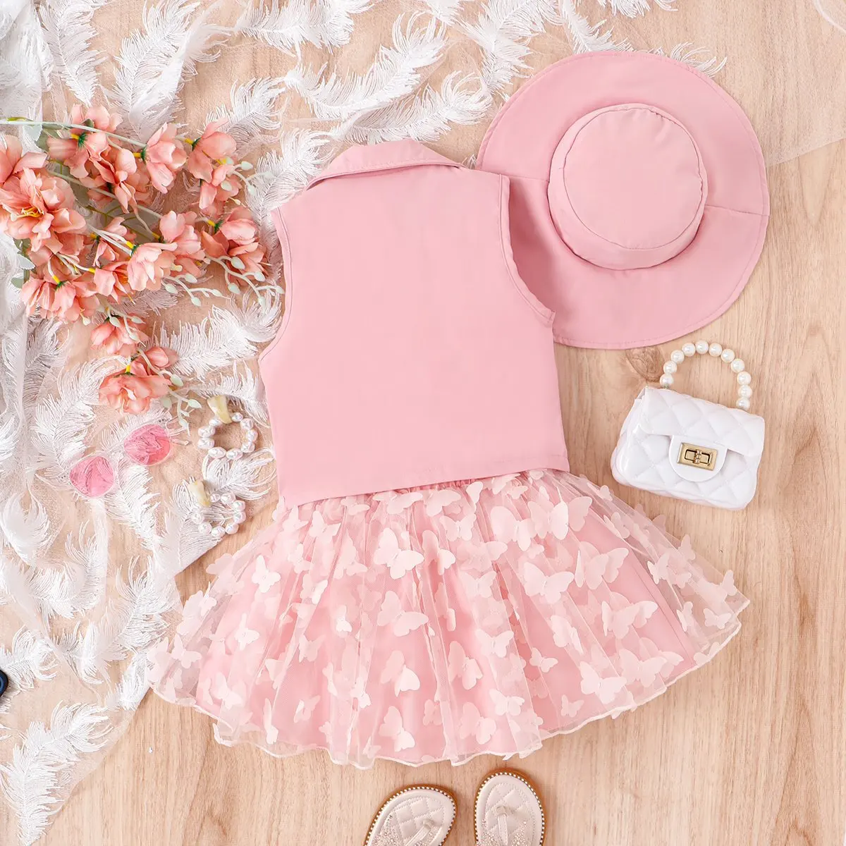 New Baby Clothes Girls Lapel Button Candy Color Butterfly Mesh Skirt Sleeveless Coat Vest Skirt Hat Four-Piece Baby Clothing Set