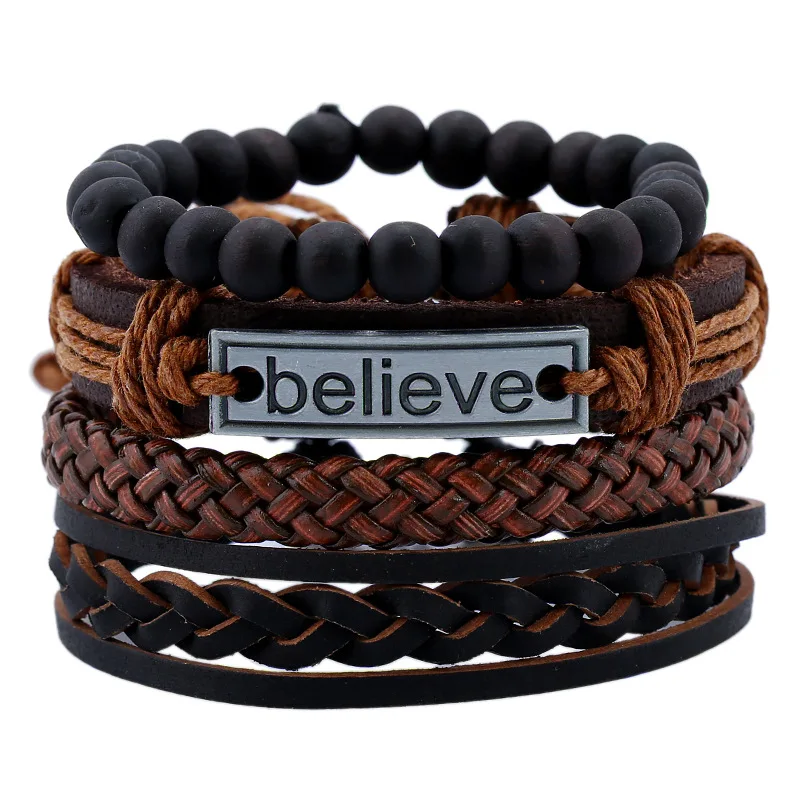 Amazon hot sale design real leather 4 layer Believe bracelet USA and European design weaved DIY man bracelet