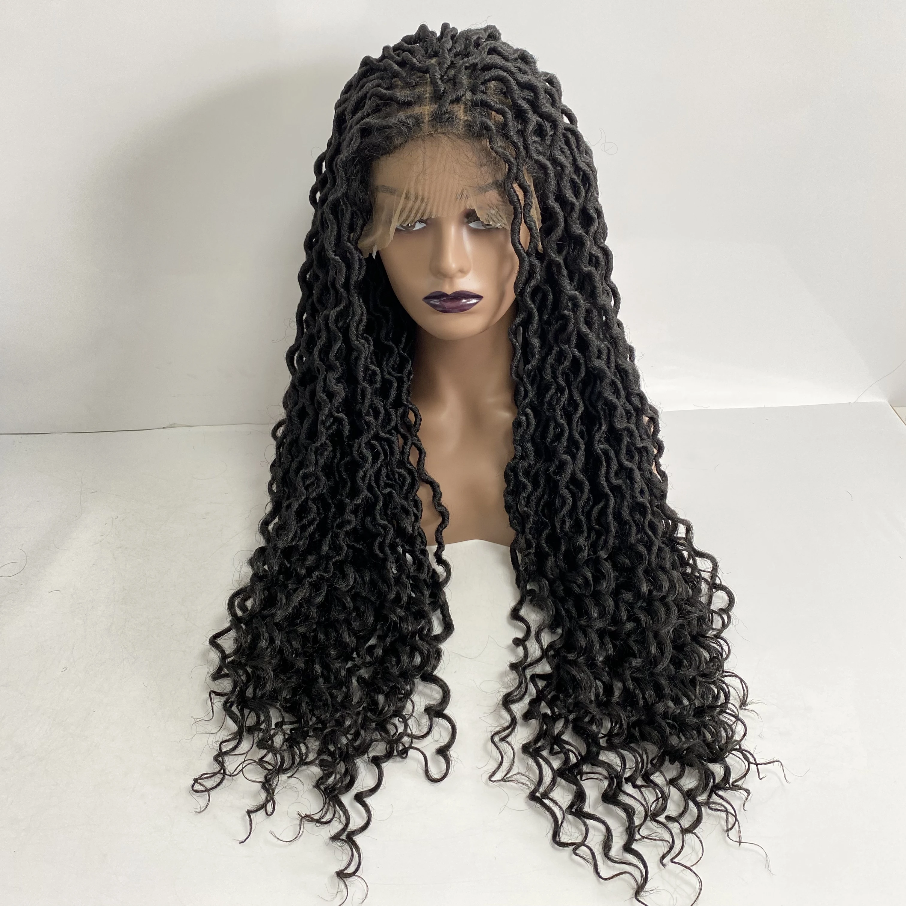 natural look 28inch Long Synthetic Hair Black Color Wavy Soft Dreadlocks Wig 9*6 Lace Frontal Wigs for Black Woman