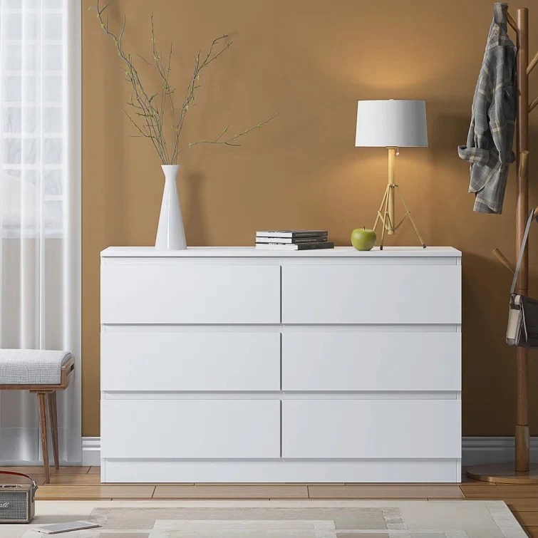 Minimalist Design Modern Style Plenty Storage Room Wooden 6 Drawers Chest White Dresser for Bedroom