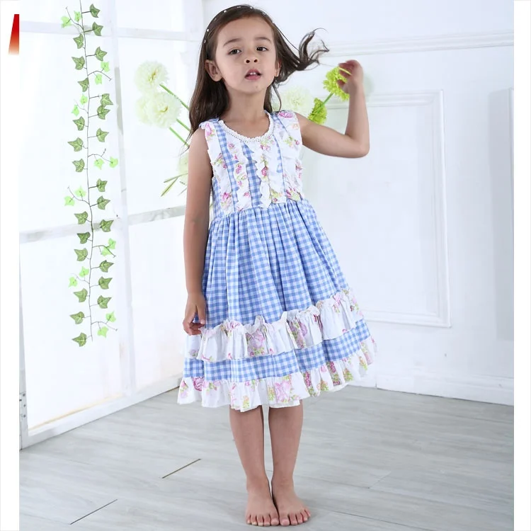 Jannybb new design  baby girl blue check print dress