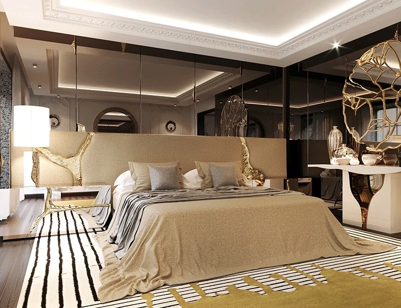 Итальянская кровать Lapiaz с обивкой и золотым покрытием из нержавеющей стали роскошная вилла спальная большого размера индивидуальная Настройка