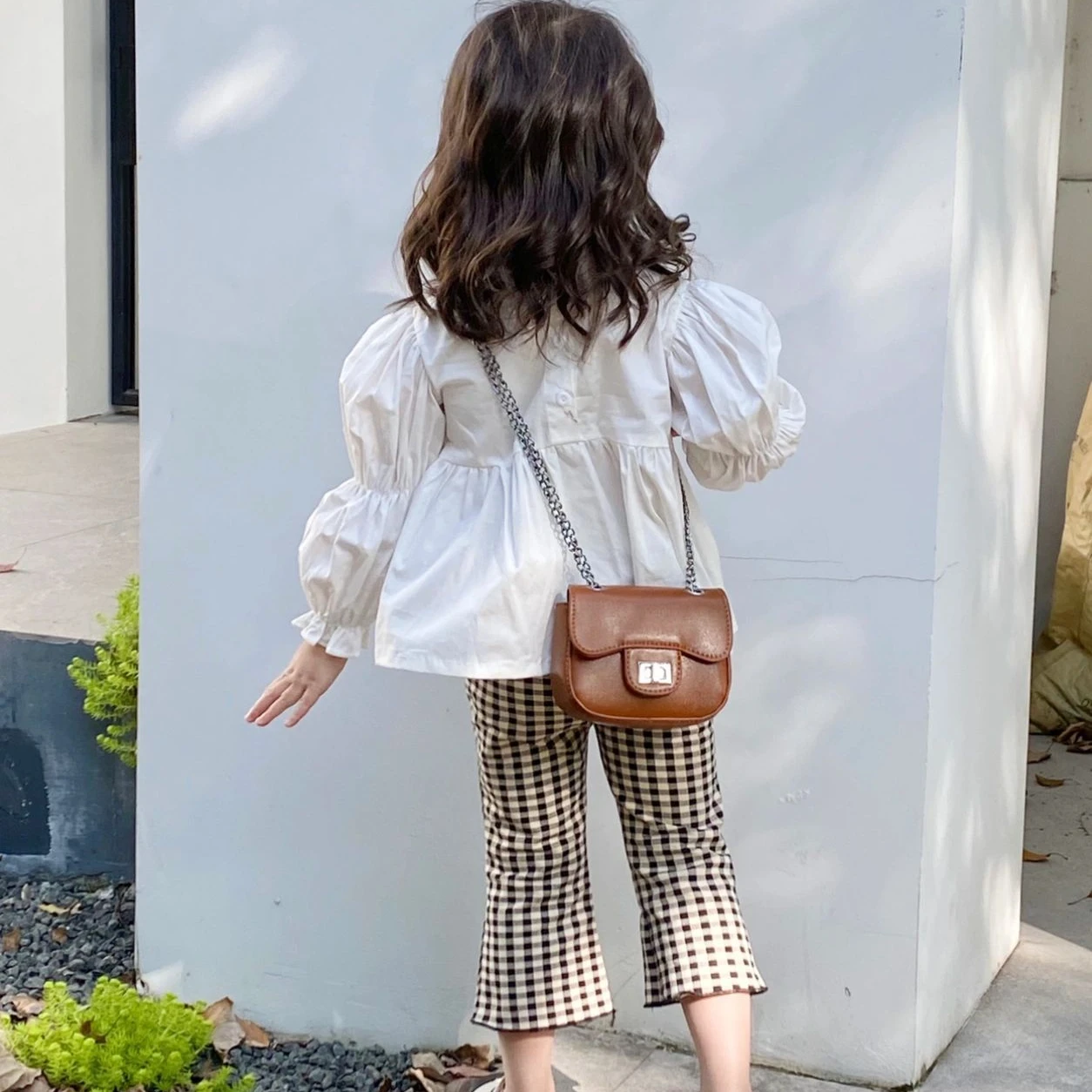 2023 new arrival infant baby girls white blouse toddler kids plaid flare pant clothing wholesale casual outfit 2011