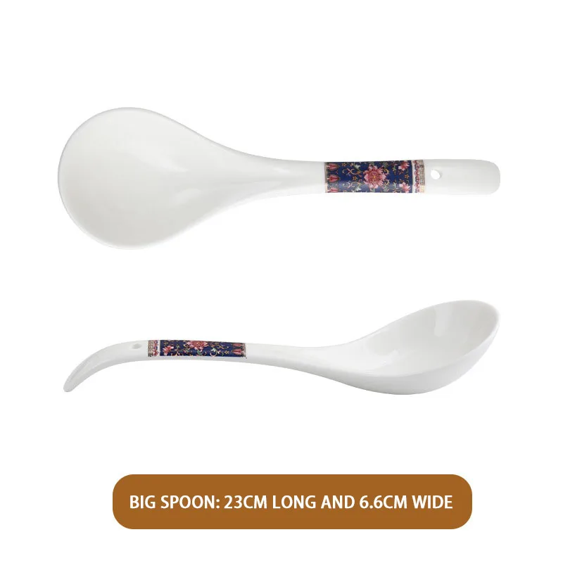 Retro Chinese Long Handle Ceramic Soup Spoon Rice Spoon for Home Hotel Restaurant Party Wedding Serving Ladles