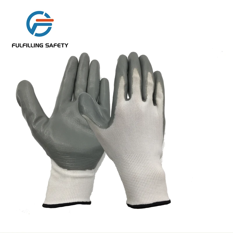 Grey Black Anti Cut Resistant Industri 13g Nitrile Coated Blue Foam Palm Working Gloves