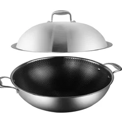 304 Stainless Steel Wok With Glass Lid Woks Frying Pan Honeycomb Nonstick Wok
