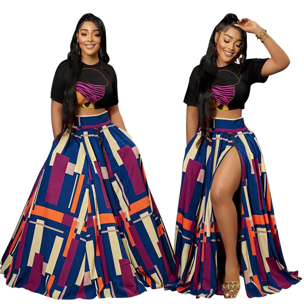 MD-2022061704     tube and skirt fashion short sleeve printed slit women 2 piece set clothing