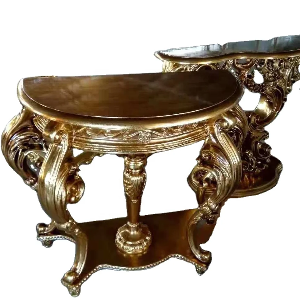 Foshan Factory High-Class 24 Gold Leaf Console Table Luxury Living Room Entry Solid Wood Carving Storage Features Majlis Hall