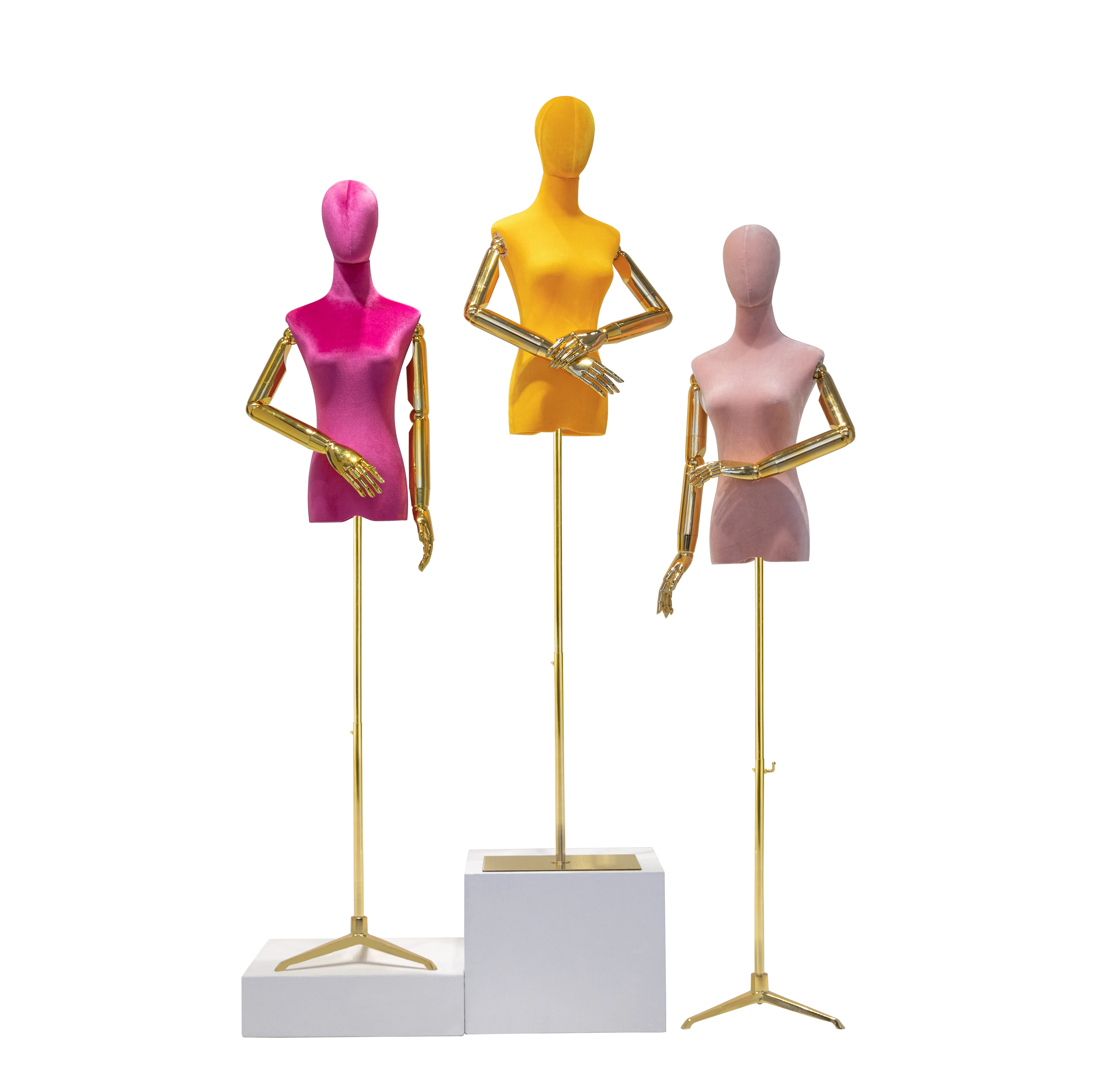 New Arrival Luxury Velvet Female Mannequin with Gold Silver Arms Adjustable Half Body Wooden Mannequin for Clothing Display