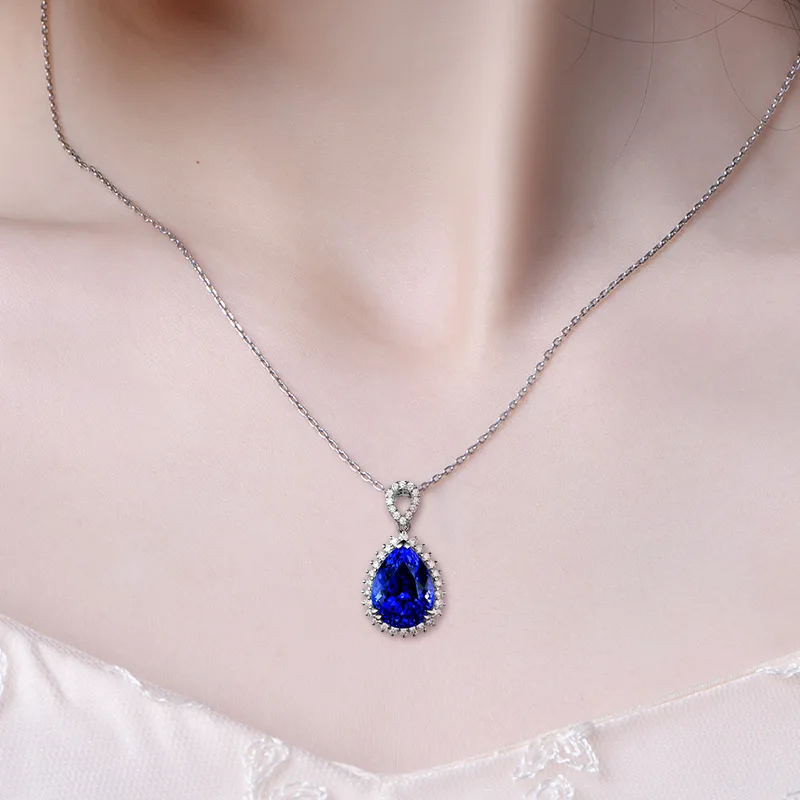 New luxury temperament simulation water drop shape sapphire color big gem pendant female necklace jewelry