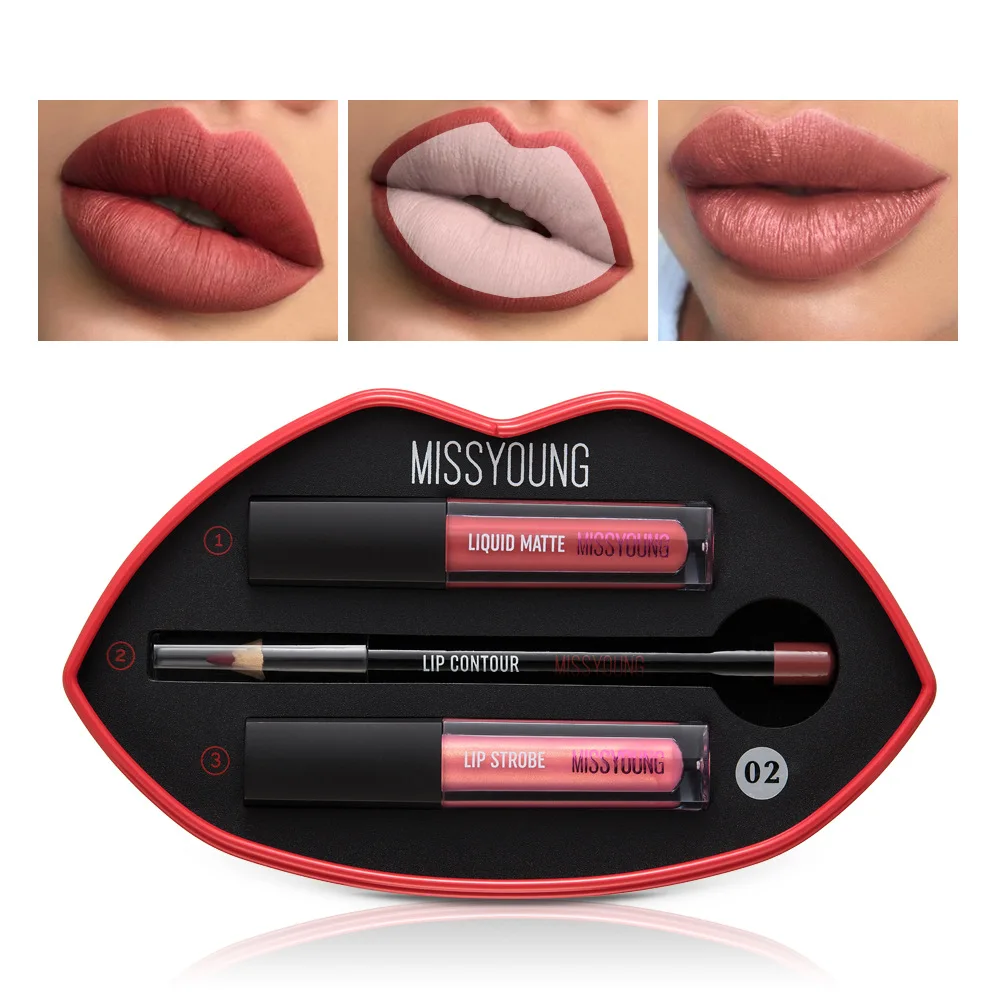 Hot selling lip gloss 2+1 set lip pencil lipstick Matte pearlescent lip gloss lipstick pen wish explosion