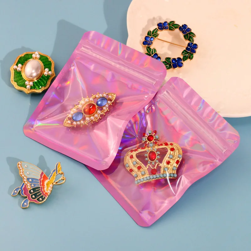 In stock transparent Resealable holographic pink zip bag for Jewelry