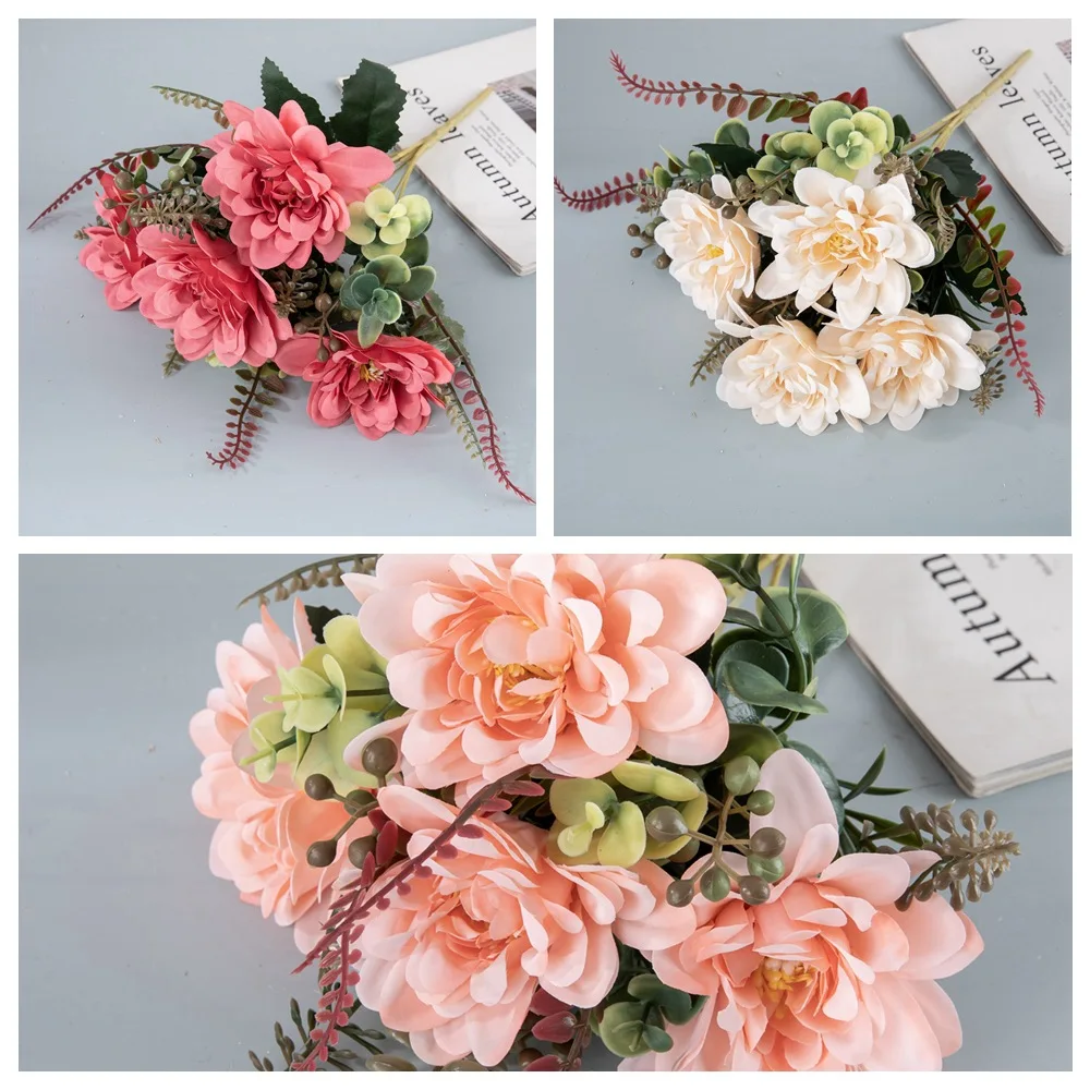 Wedding Decoration 4 heads Artificial Dahlia Bouquet High Quality Peach Red Artificial Dahlia Silk Flower