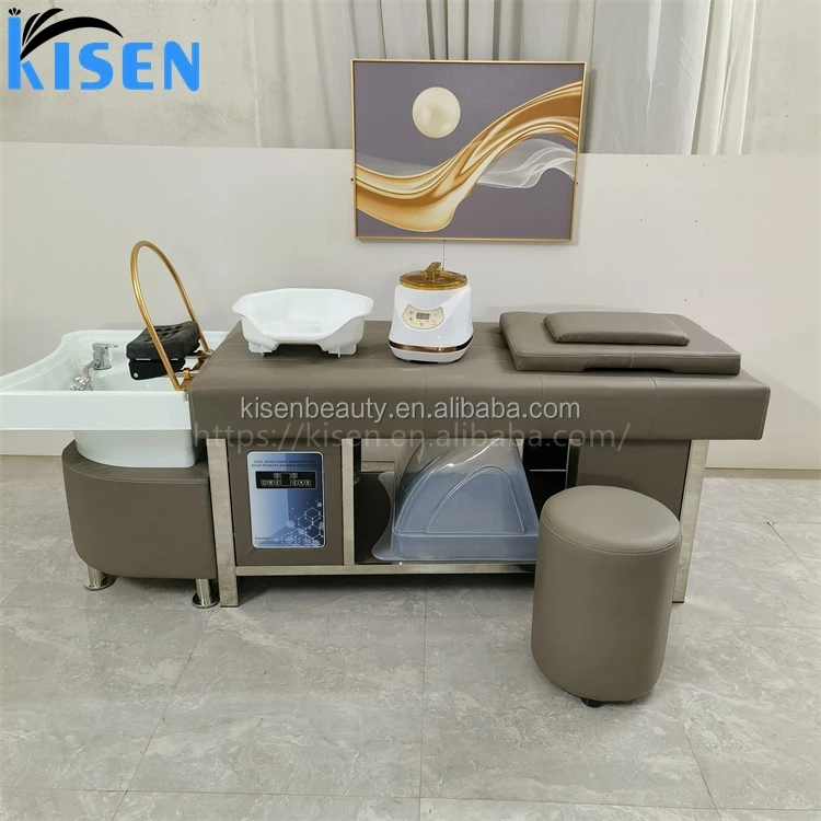 Kisen Hot Sale Salon Furniture SPA Head Water Therapy Fumigated For Massage Table Beauty Bed Shampoo Bed with Basin