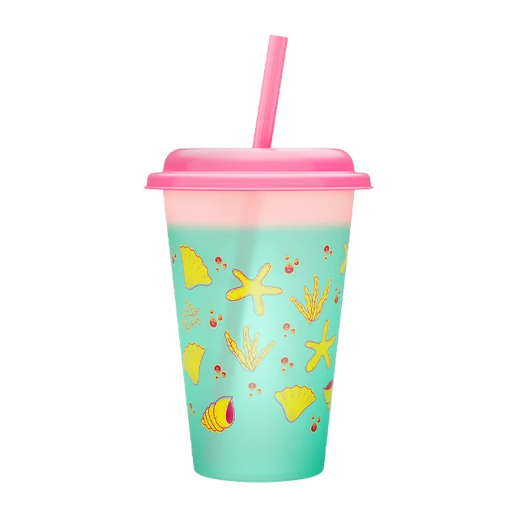 Customization OEM ODM Kids Cartoon Silk Screen Color Changing PP Plastic Cups With Lids And Straws