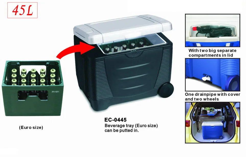 DC12V 45L portable camping travelling cooler box with wheels CE ROHS ERP GS CB hot cold mini fridge camping car fridge