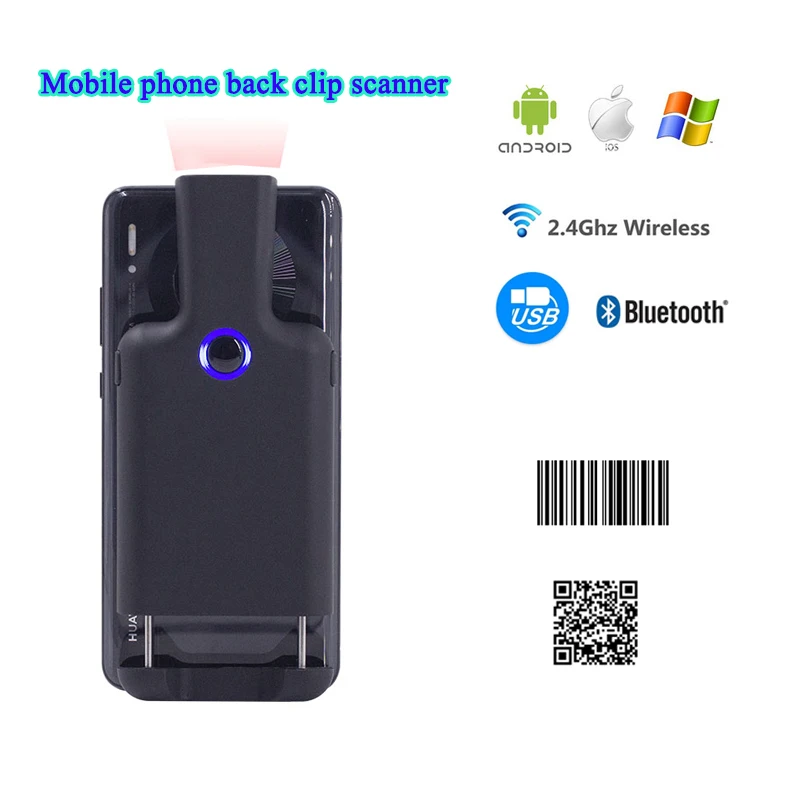 Portable smartphone Back Clip 2d Barcode Scanner Wireless Handheld payment system Scanners Compatible Win-dows Android Ios Etc