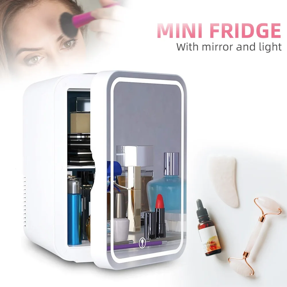 8L Mini Makeup Fridge WIth LED Light Mirror Portable Cosmetic Storage Refrigerator Cooler&Warmer Freezer for Home Car Dual Use