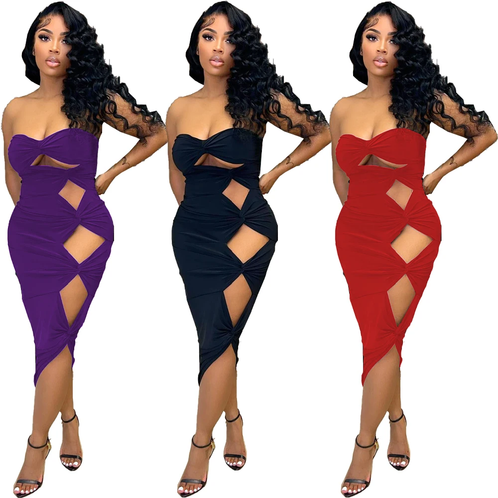 2022 New Arrivals Strapless Hollow Out Sheer Layer Body con Dress Women Casual Dresses