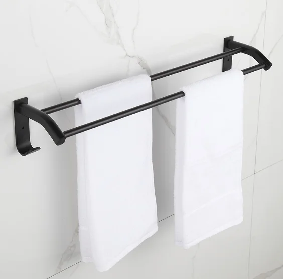 New Wall Mount Bathroom Accessory Aluminum Black Double Towel Bar Towel Rod Towel Rail with Hook