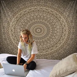 Black Silver Cotton Tapestry Wall Hanging Mandala Tapestry Hippie Tapestries for Home Decoration Printed Hand Wash Floral Muslim