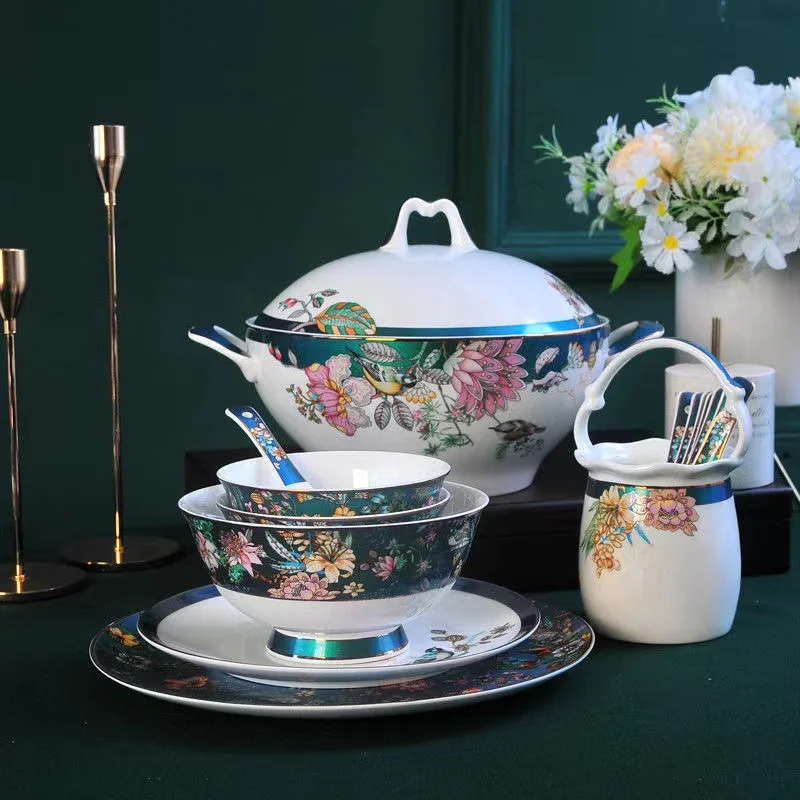 Jingdezhen enamel tableware set high appearance level set Chinese court bowl plate bone China a complete set of noble national s