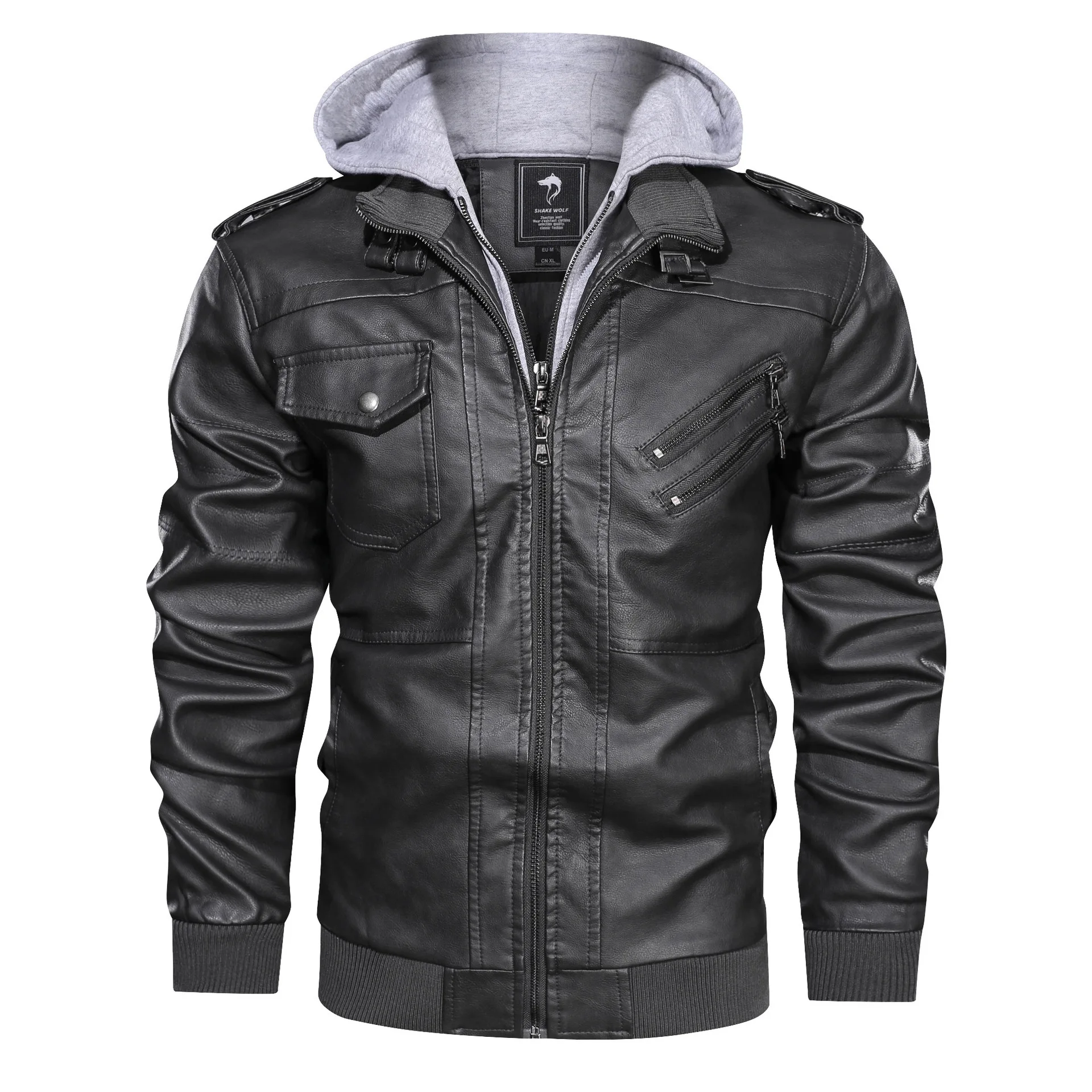 Cuero Chaquetas-de-piel Hombr Rompevientos Chaqueta brown leather jacket Men Shearling Zipper Hooded Coat Brown Leather Jacket