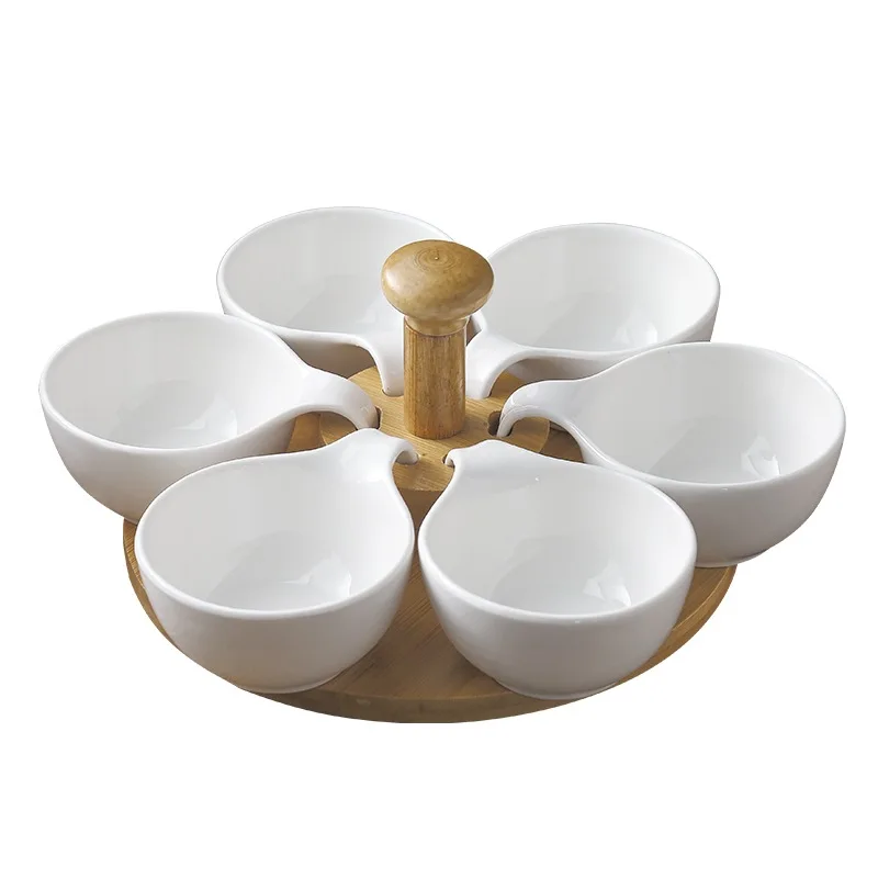 Creative Bamboo Snack Tray Dry Fruit Compartment Bowls Set Nordic Style Ceramic Snacks Bowl With Tray Stand