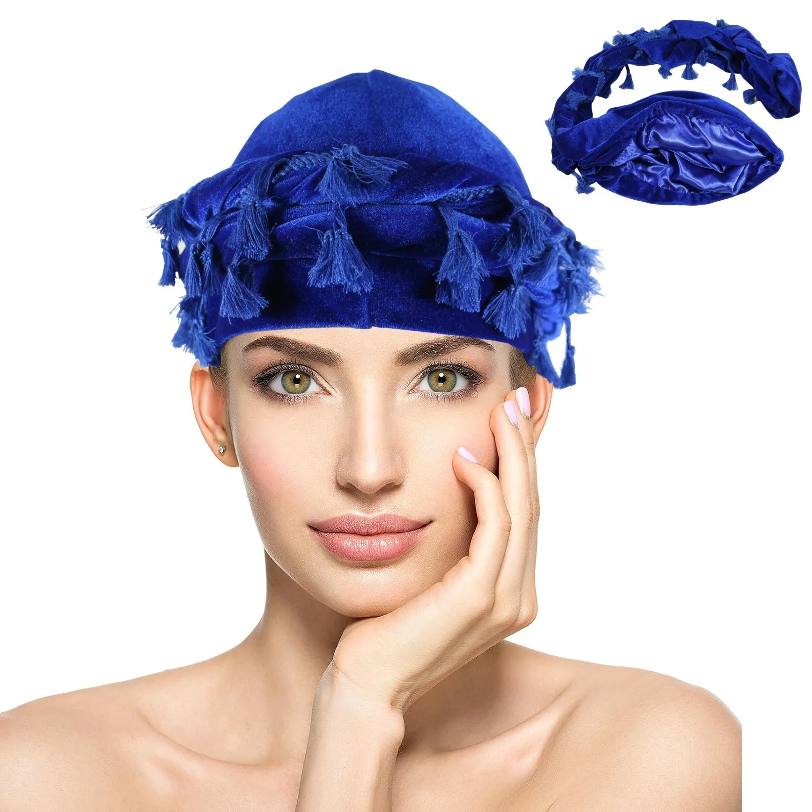 HZM-23412 Pretty Tassels Velvet Turban Caps African Headscarf chemo hats Soft Bun headband Muslim hat bonnet Beanie bandanas