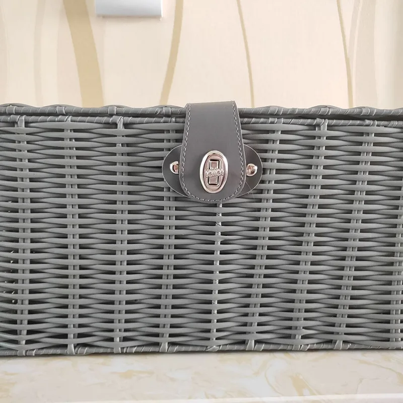 Woven Storage Basket Box Wicker Hamper Stackable Bin with Lid & Lock Built-in Carry Handles