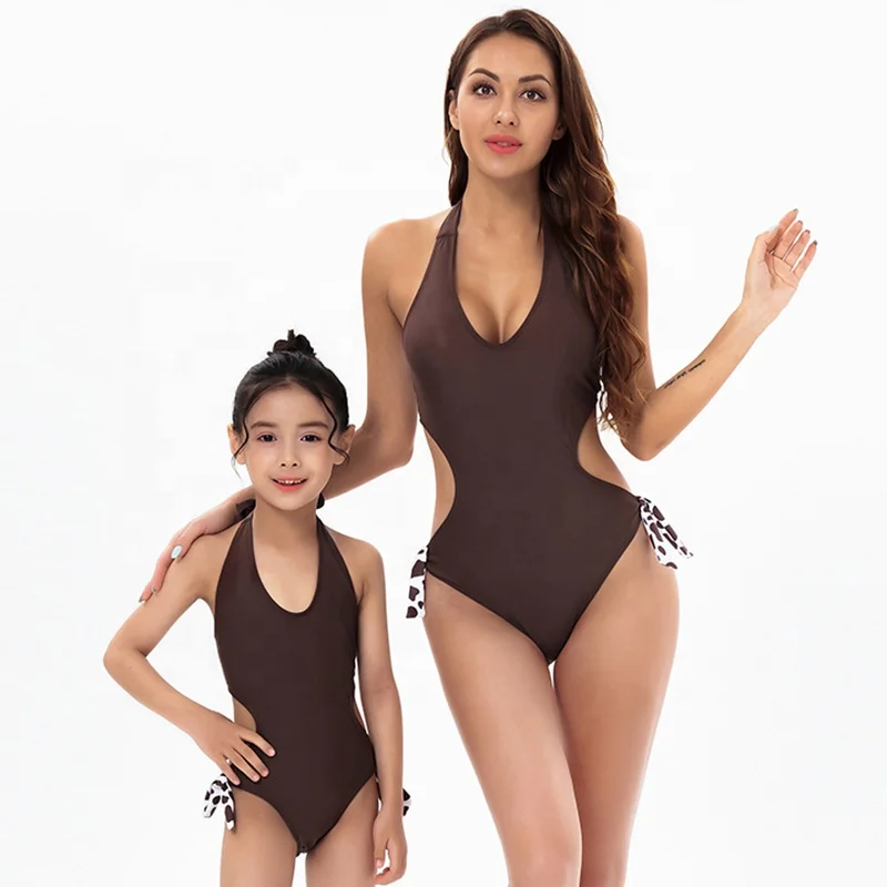 Custom Logo Matching Monther Daughter Moniki Solid Color Tie Back One-piece Child Girls Swimwear Teen