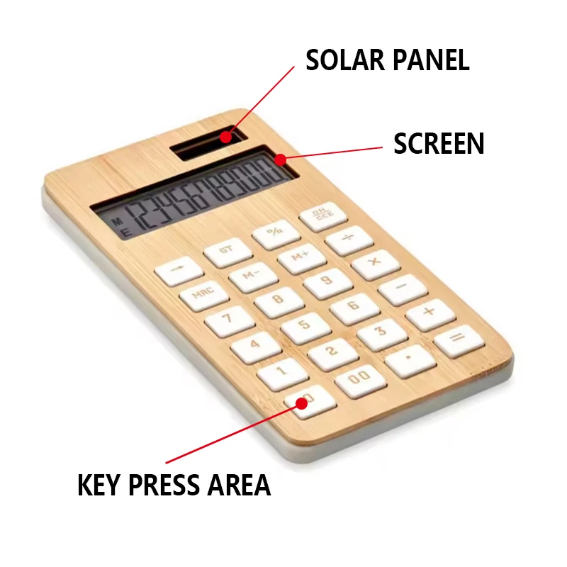 Eco Friendly Bamboo Handheld Calculator Student Financial Desktop Office Learning 12-Digit Display Wood Calculator