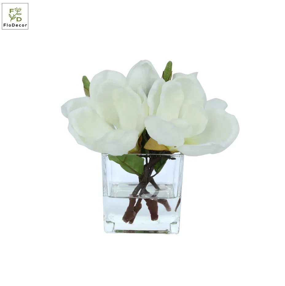High Quality Customized Artificial Magnolia Flower Floral Arrangement With Square Vase and Water For Home Hotel Decoration