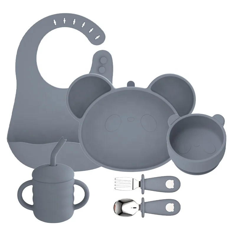 BPA Free Kids Tableware Silicone Feeding Set Supplies Silicone Bib Spoon Suction Unspillable Bowl Baby
