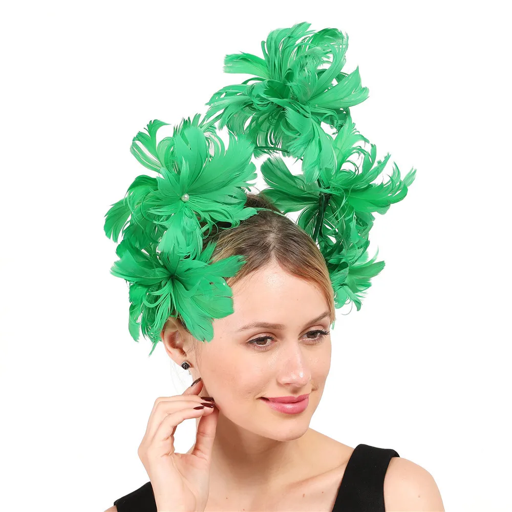 Lady Green Fascinator Hairpins Women Gorgeous Flower feather millinery cocktail hat sinamay base fascinator