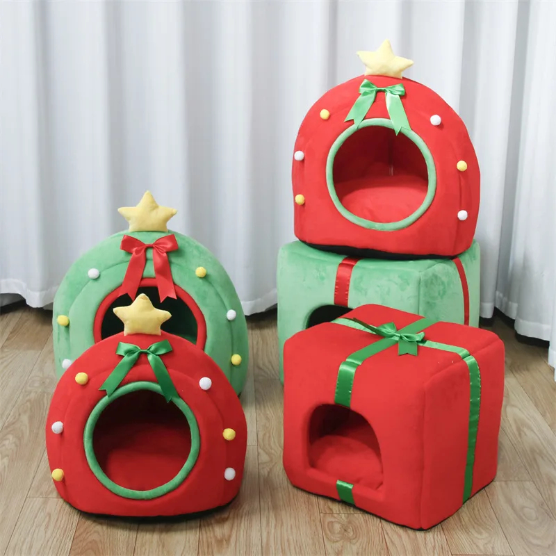 New Christmas Tree Cat Litter Dog Litter Autumn/Winter Warm Pet Litter Gift Box Cat House Pet Supplies Pet Houses